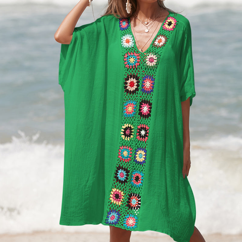 Robe de plage respirante à col en V, couture au crochet à la main, motif coloré