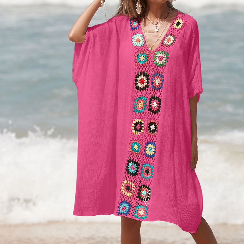 Robe de plage respirante à col en V, couture au crochet à la main, motif coloré