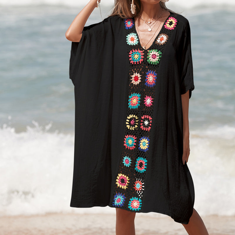 Robe de plage respirante à col en V, couture au crochet à la main, motif coloré