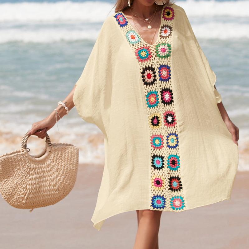 Robe de plage respirante à col en V, couture au crochet à la main, motif coloré