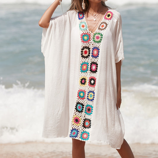 Hand Crocheting Stitching Color Pattern V Neck Pullover Breathable Vacation Beach Cover Up Dress