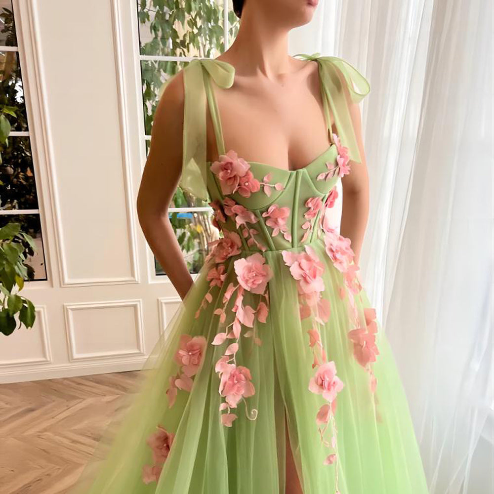 Robe à Fleurs Française Coupée Vert