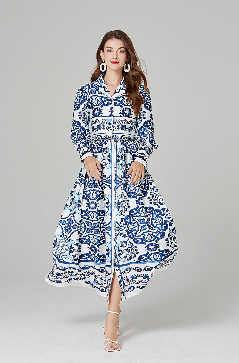 Ensemble deux pièces élégant en porcelaine pour femmes, veste supérieure en porcelaine bleue et blanche, grande jupe trapèze, à la mode, printemps et automne