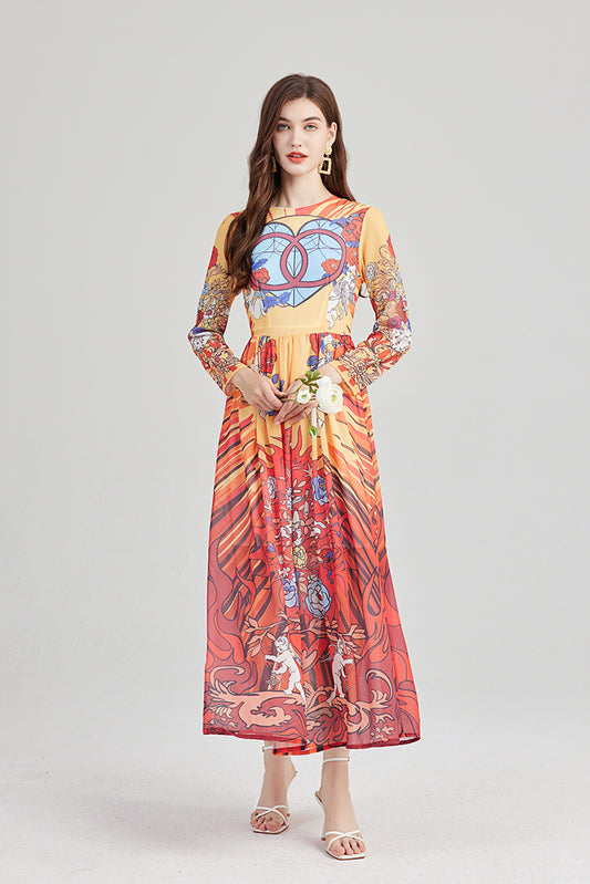 Women Spring and Autumn New Arrival Angel Print Lightweight Imitation Chiffon dress Round Neck Large Swing A line Dress