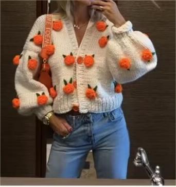 Suéter dulce Cárdigan Otoño Invierno para mujer tejido a mano Floral holgado cuello pico manga larga cárdigan de punto grueso abrigo