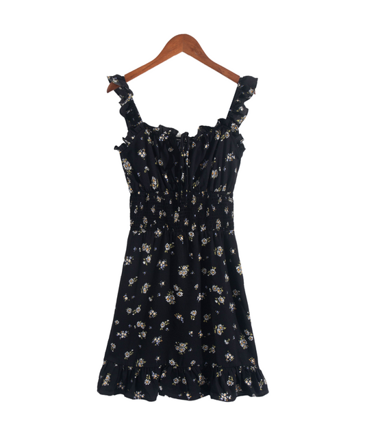 Vintage Ruffled Slim Fit Mid Length Vacation Women Printing Slip Dress