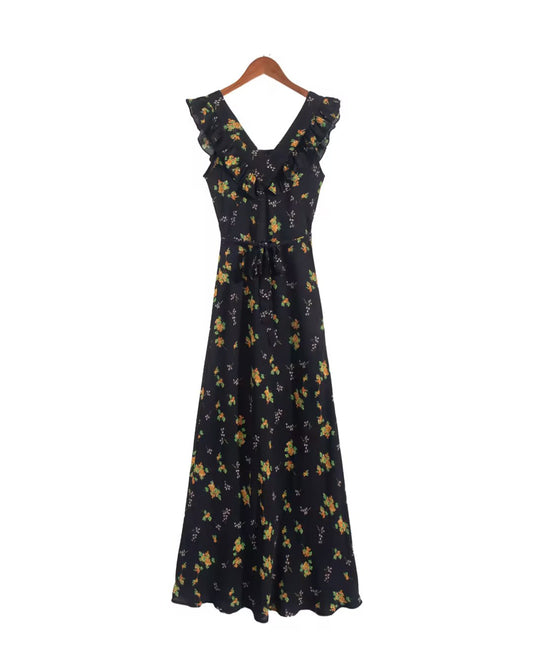 Tea Break French Floral Strap Dress Women Summer Retro V Neck Sleeveless Inner Match Slimming Midi Dress