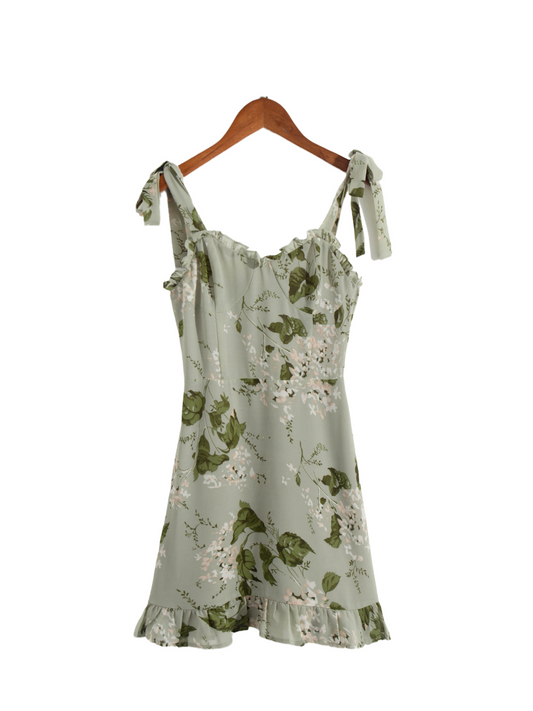 Vintage Ruffled Slim High Waist Vacation Dress Summer French Floral Butterfly Printing Slip Dress