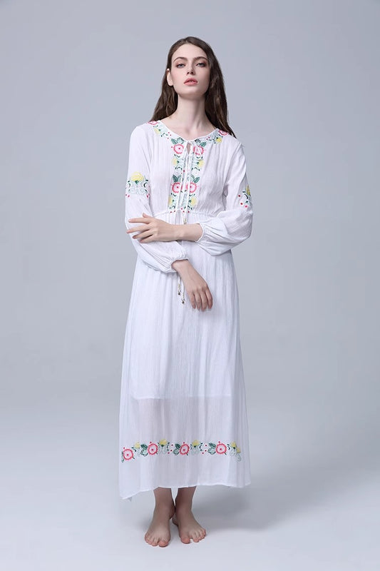 Bohemian Embroidered Flower Drawstring Tight Waist White Holiday Dress