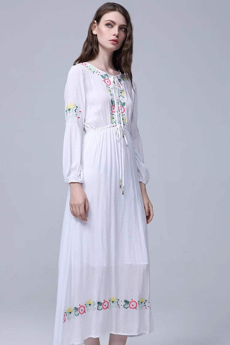 Bohemian Embroidered Flower Drawstring Tight Waist White Holiday Dress