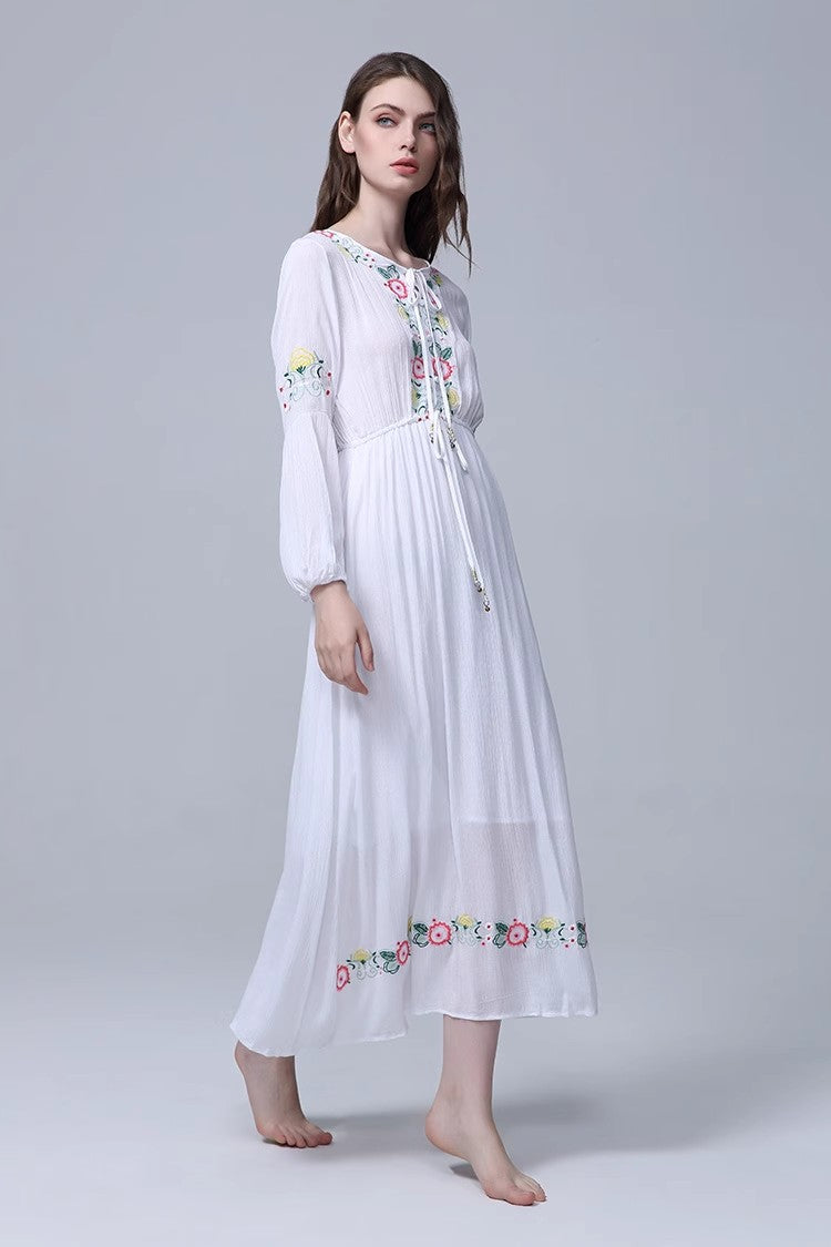 Bohemian Embroidered Flower Drawstring Tight Waist White Holiday Dress