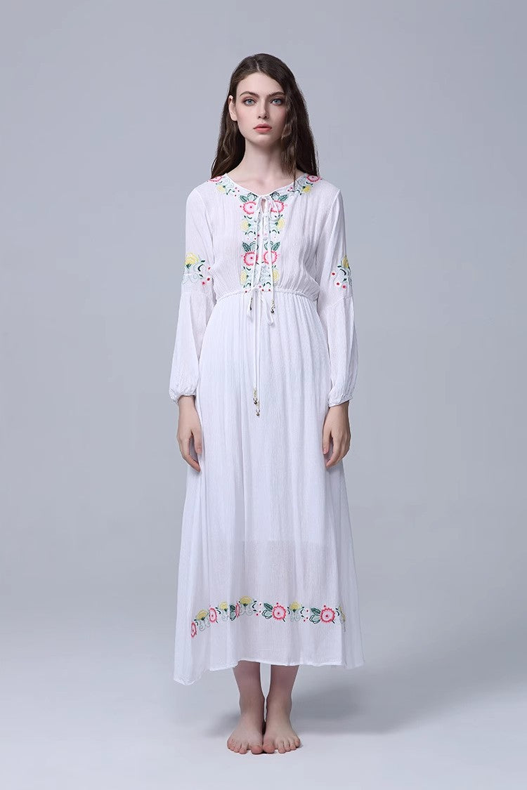 Bohemian Embroidered Flower Drawstring Tight Waist White Holiday Dress