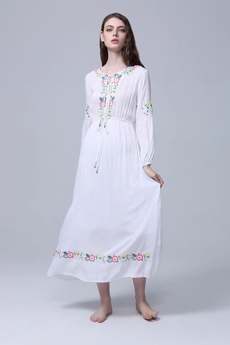 Bohemian Embroidered Flower Drawstring Tight Waist White Holiday Dress