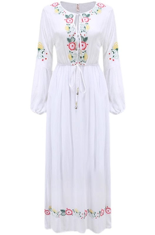 Bohemian Embroidered Flower Drawstring Tight Waist White Holiday Dress