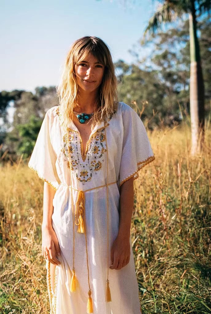 Vestido de crochet con bordado bohemio para mujer