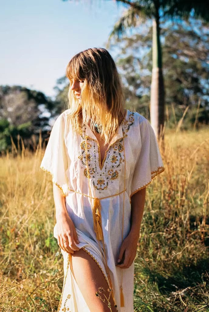 Vestido de crochet con bordado bohemio para mujer