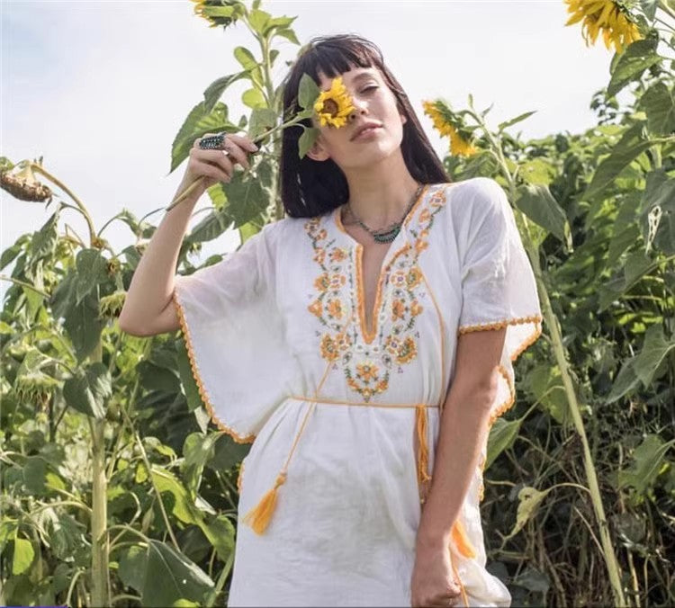 Vestido de crochet con bordado bohemio para mujer