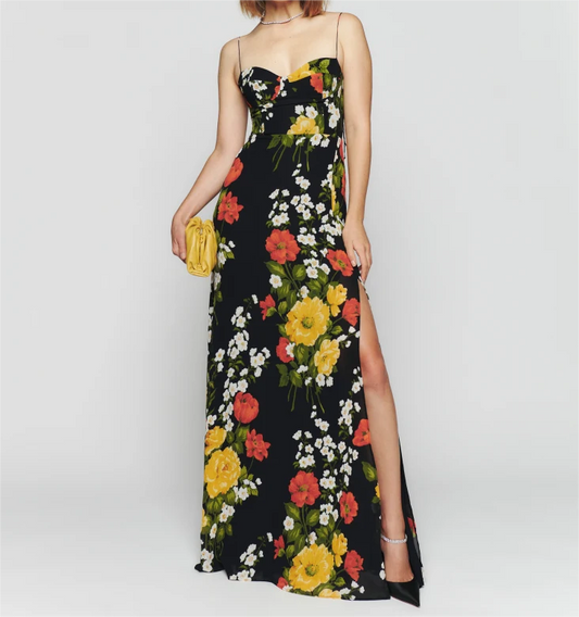 Robe mi-longue sexy à imprimé floral et coupe ajustée pour le printemps, avec lacets et bretelles et nœud