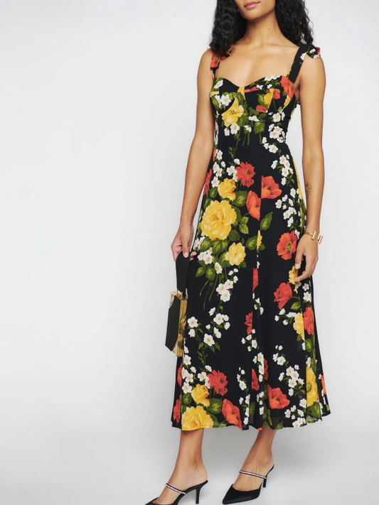 Robe mi-longue sexy à imprimé floral et coupe ajustée pour le printemps, avec lacets et bretelles et nœud