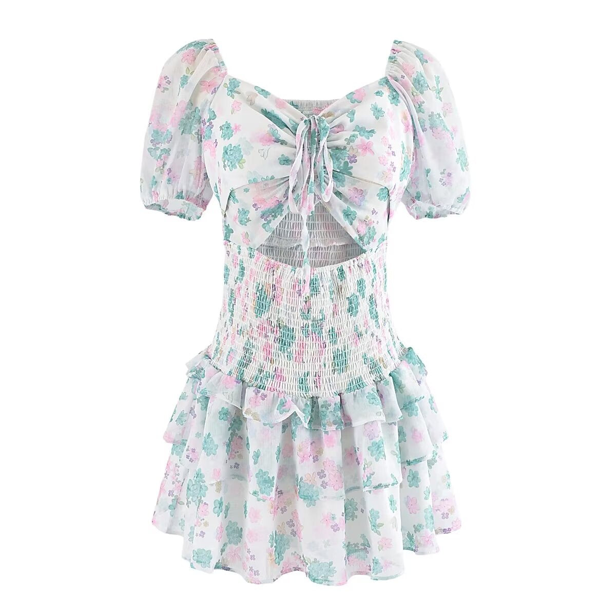 Robe de conception de niche simple et sexy à fleurs avec cordon de serrage élastique bouffant à manches courtes et taille haute