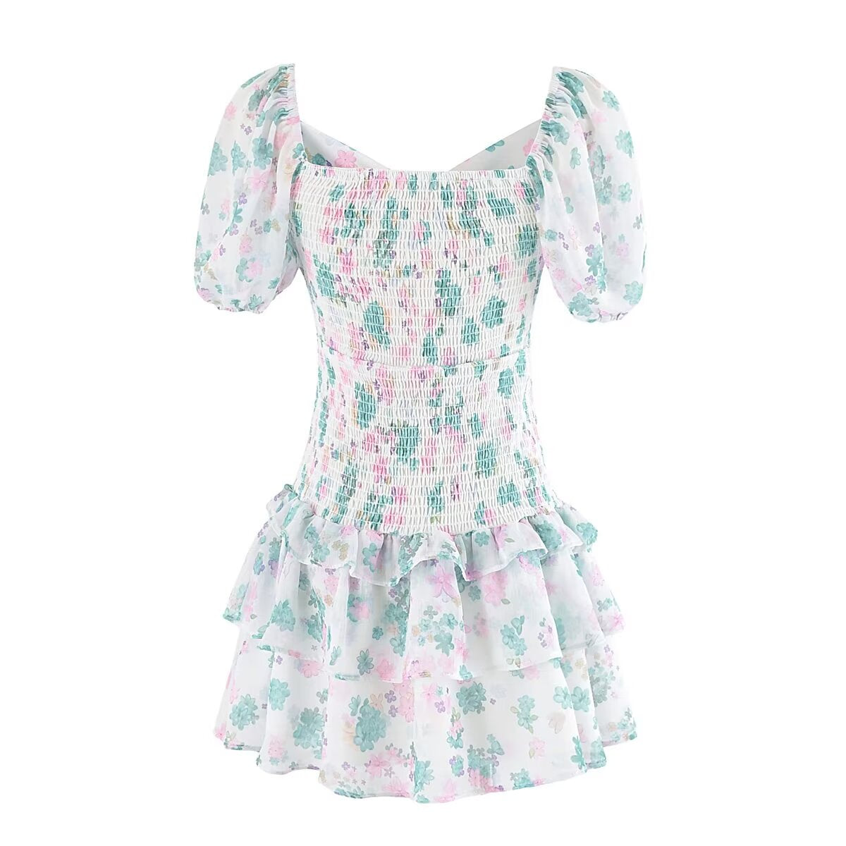 Robe de conception de niche simple et sexy à fleurs avec cordon de serrage élastique bouffant à manches courtes et taille haute