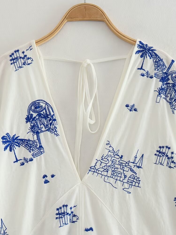 Vestido camisero largo bordado de verano para mujer