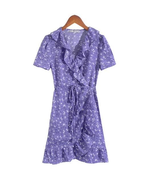 Summer Floral Printed V neck Ruffled Tied Slim Slimming Short Sleeve Dress Short Dress