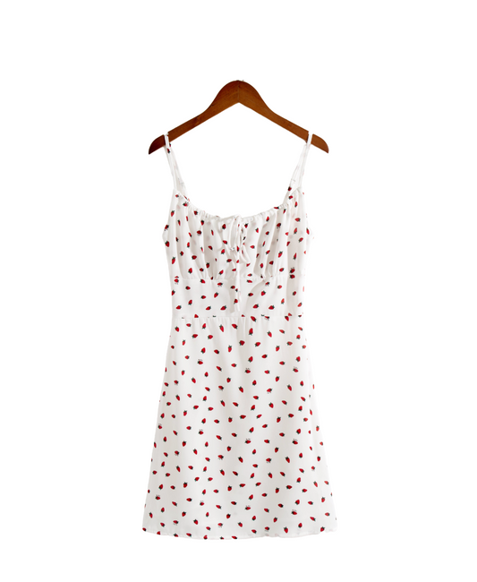 Winter French Girl Pastoral Cute Strawberry Small Printed Casual Strap Dress