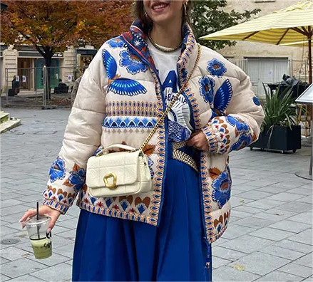 Chaqueta acolchada de algodón con estampado de patrón de posicionamiento y cuello holgado francés para mujer