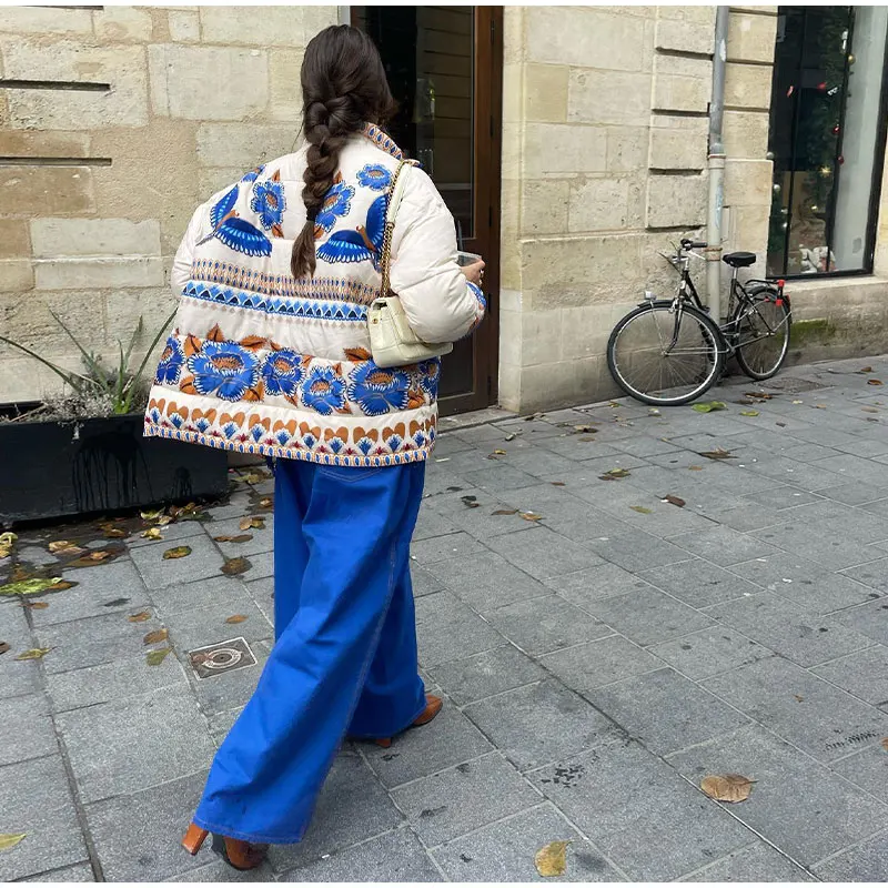 Chaqueta acolchada de algodón con estampado de patrón de posicionamiento y cuello holgado francés para mujer