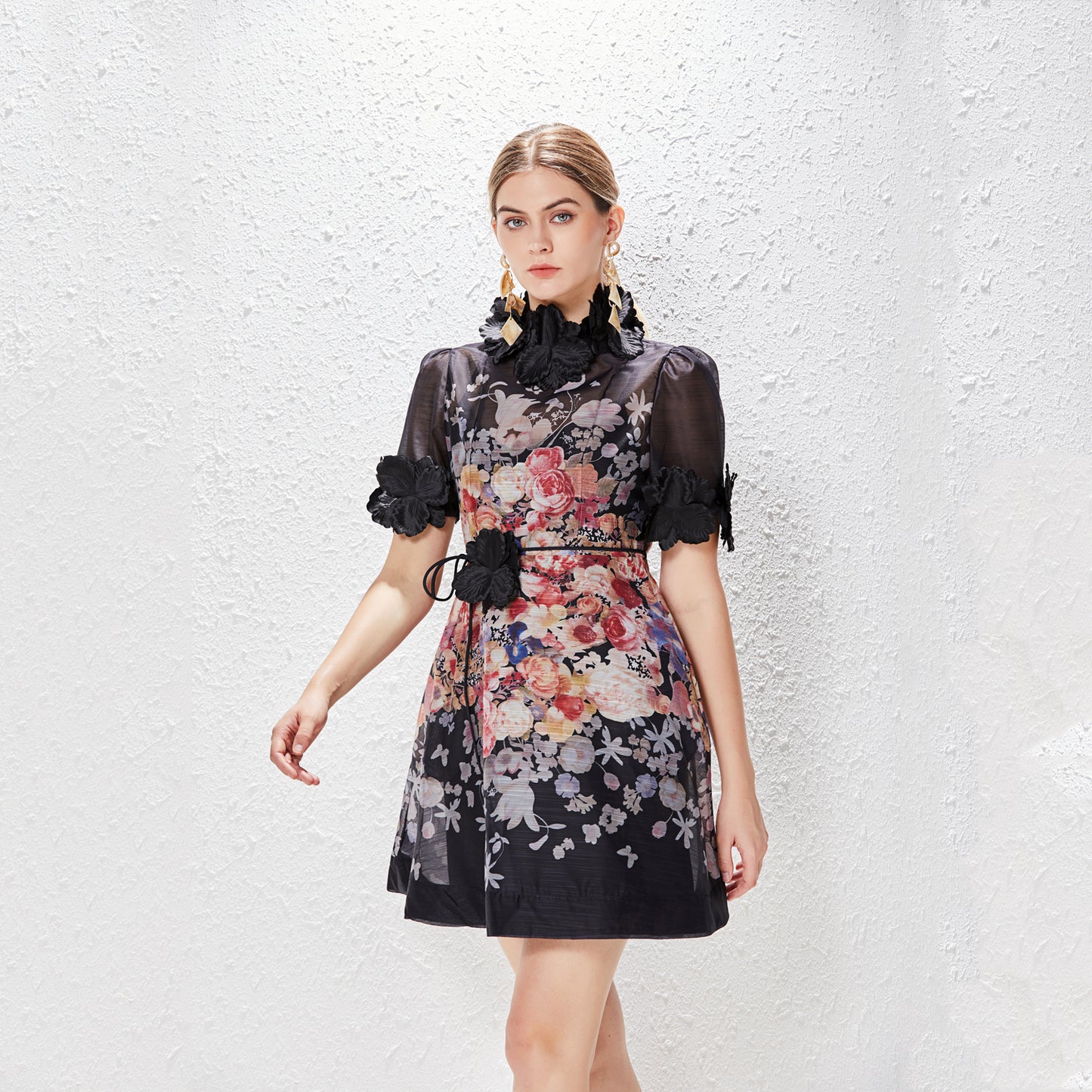 Vacation Style Heavy Industry Three Dimensional Flower Short Sleeved Lace Up Dress