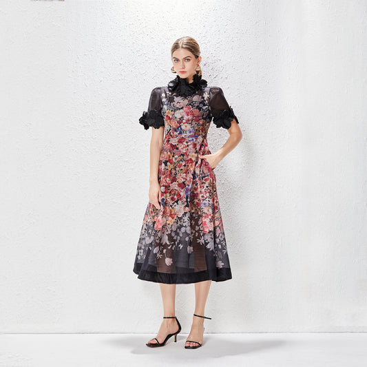 Three Dimensional Flower Stand Collar High End Temperament Holiday A Pendulum Dress