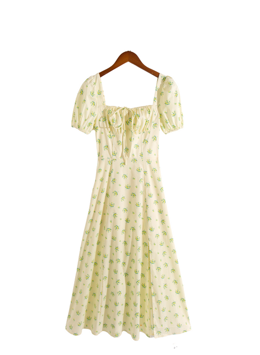 Vestido floral fresco dulce francés de primavera y verano para mujer, corte entallado, longitud media con abertura