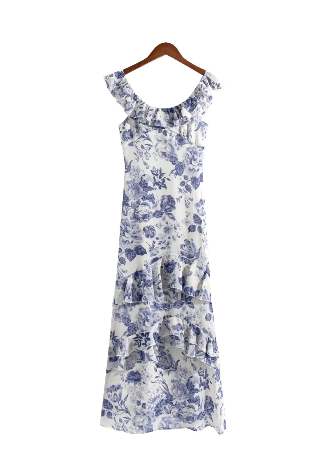 Primavera Verano francés elegante estampado clásico vestido de mujer con volantes cuello en U Maxi vestido