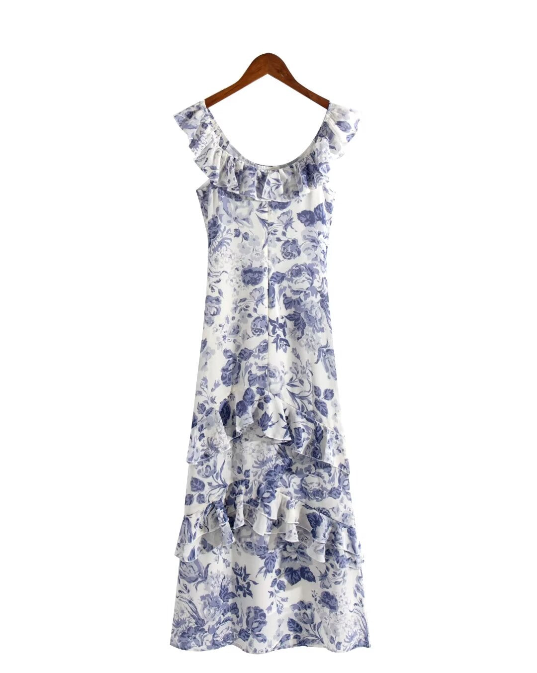 Primavera Verano francés elegante estampado clásico vestido de mujer con volantes cuello en U Maxi vestido