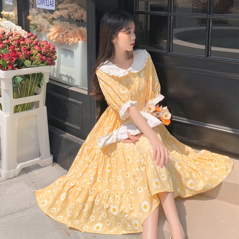 Long Skirt Small Girl Cute Yellow Floral Waist Dress