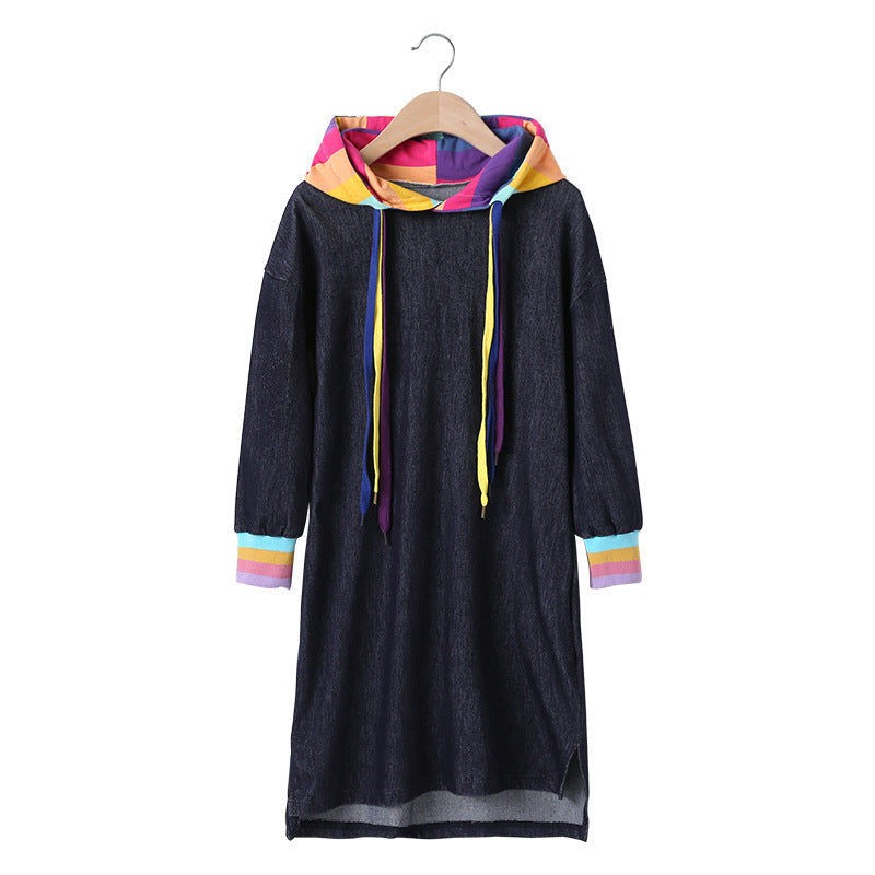 Girls T-Shirt Solid Color Rainbow Denim Long Sleeve Dress