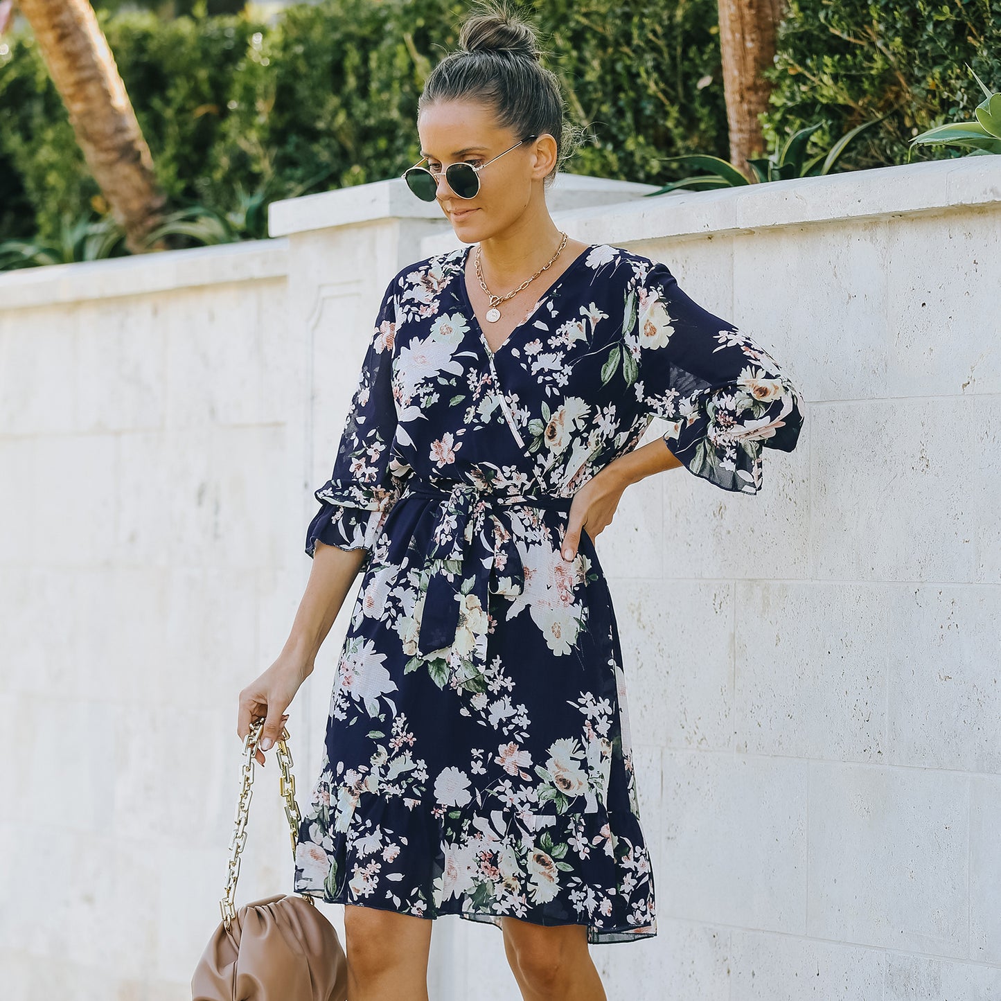 Vestido de gasa floral de media manga para mujer