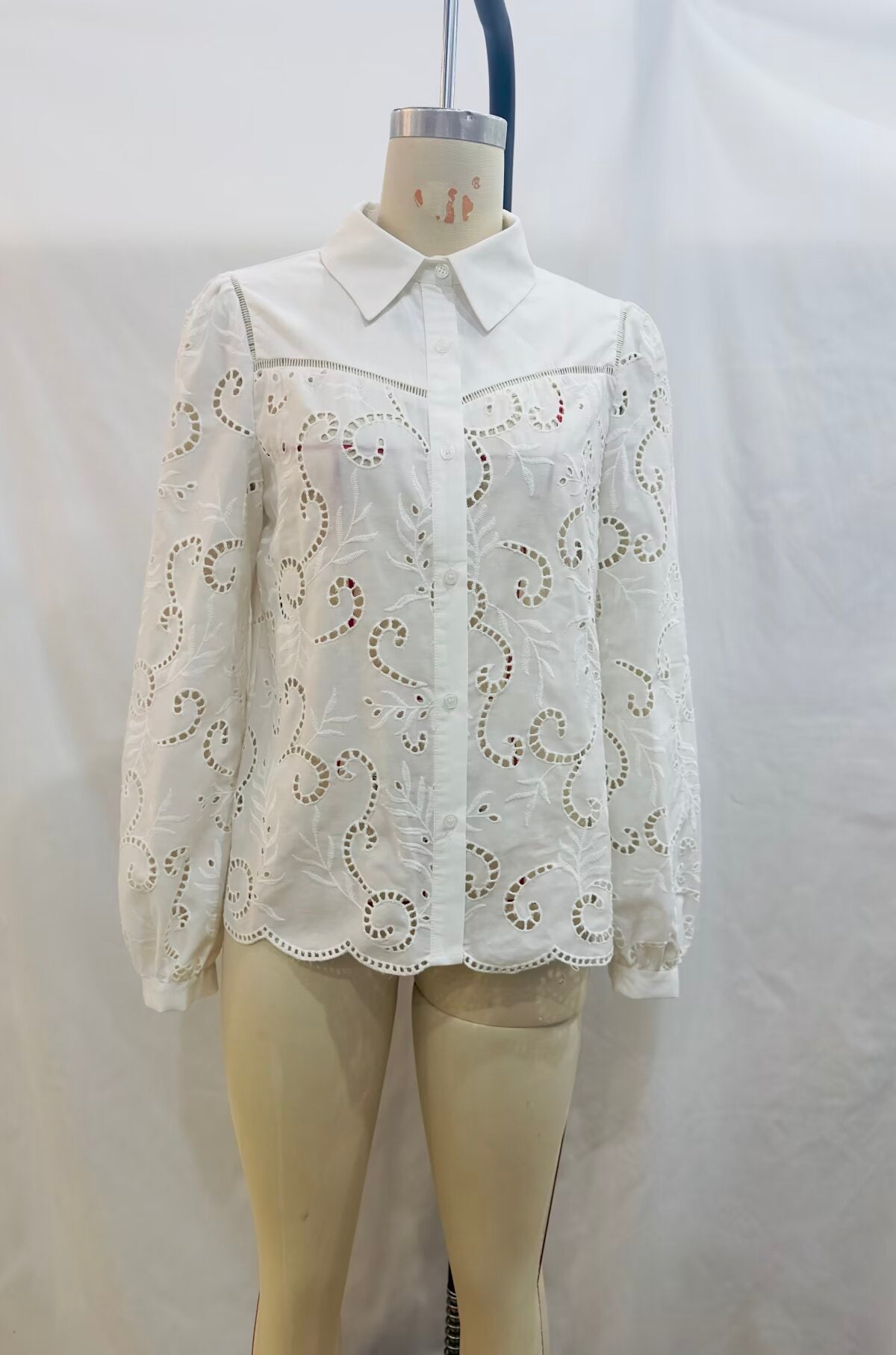 Summer Women White Crochet Long Sleeve Collared Shirt