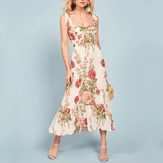 Robe camisole sans manches à lacets et imprimé floral rétro pour vacances de printemps sur fond blanc