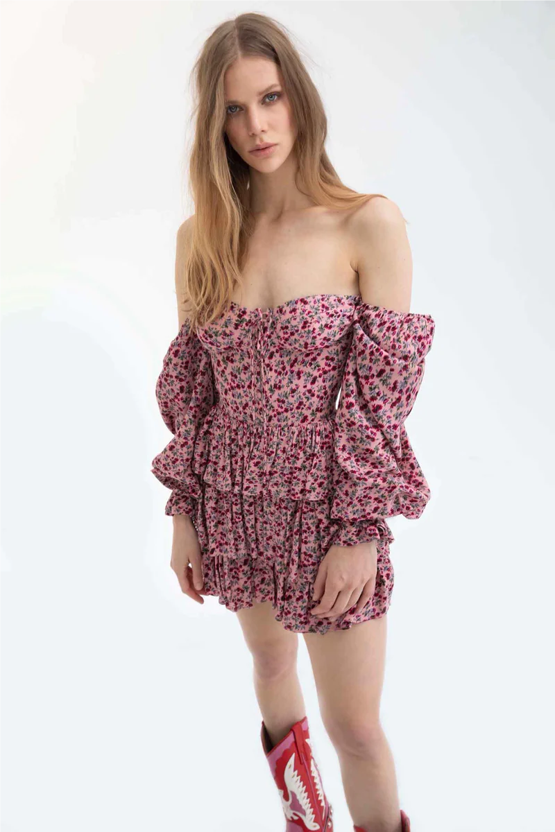 Robe courte à imprimé floral, sexy, douce, dos nu, manches longues, col en V, superposée, vêtements pour femmes