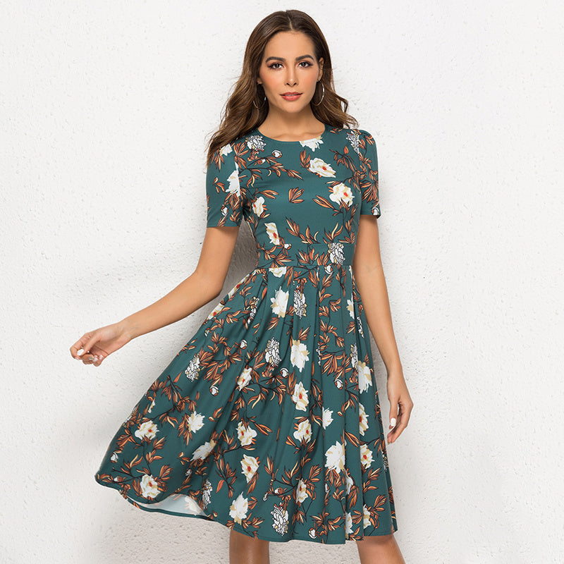 Robe fleurie femme verte à manches courtes