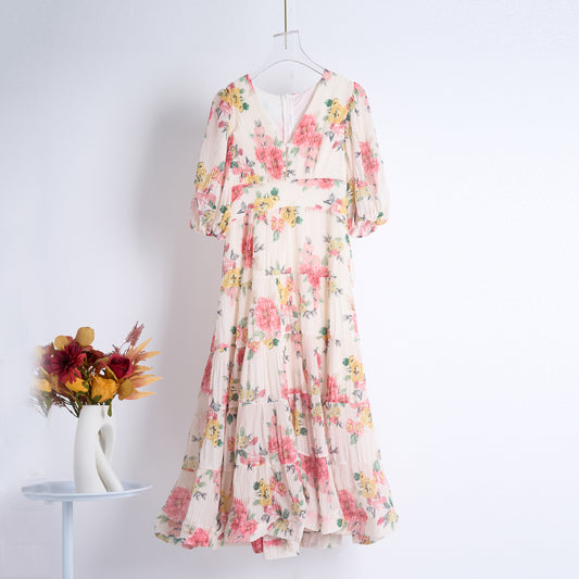 Heavy Duty Pleated Printed Oversized Swing Bubble Sleeve Dress Long Tight Waist Stitching Dress