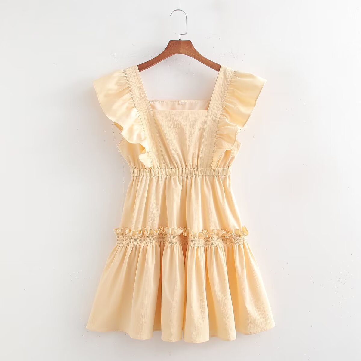 Cute Girlish Wooden Ear Stitching Strap High Waist Slimming Patchwork Pleated Beige Square Collar Dress