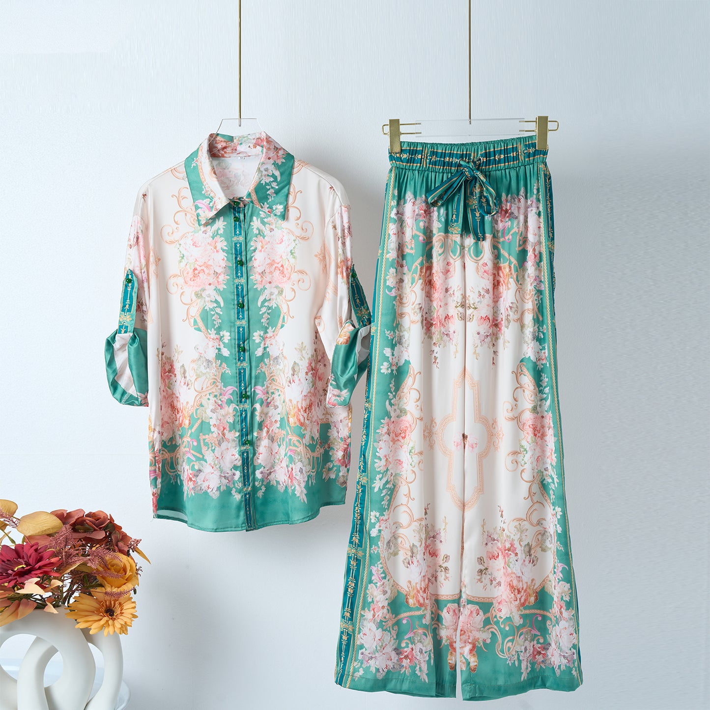 Women Spring Green Vintage Print Shirt And Trousers Set Two Piece Set For Women