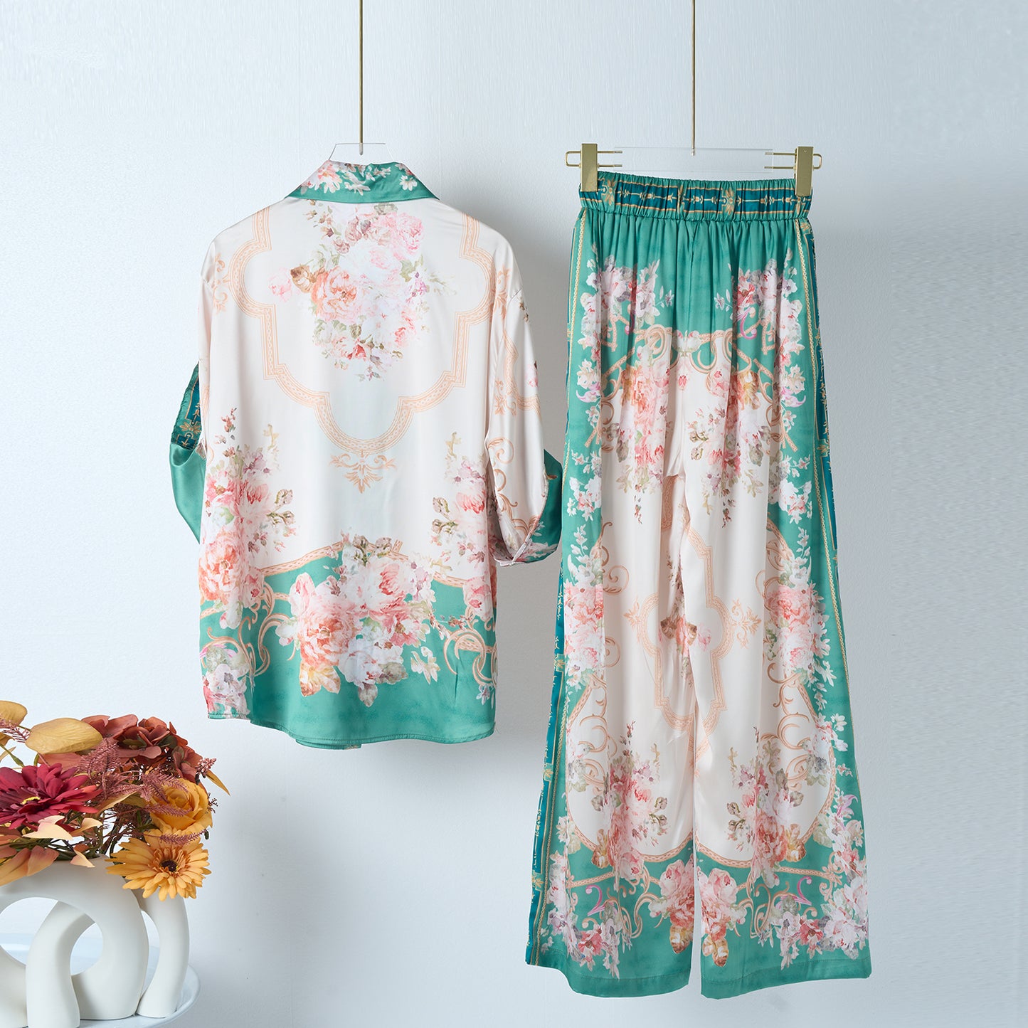 Women Spring Green Vintage Print Shirt And Trousers Set Two Piece Set For Women