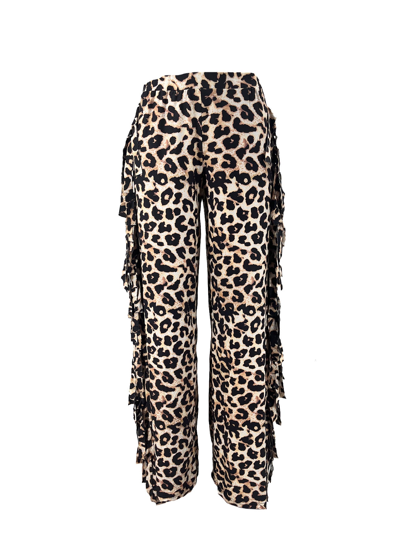 Pantalones de pierna ancha con flecos y estampado de leopardo para mujer