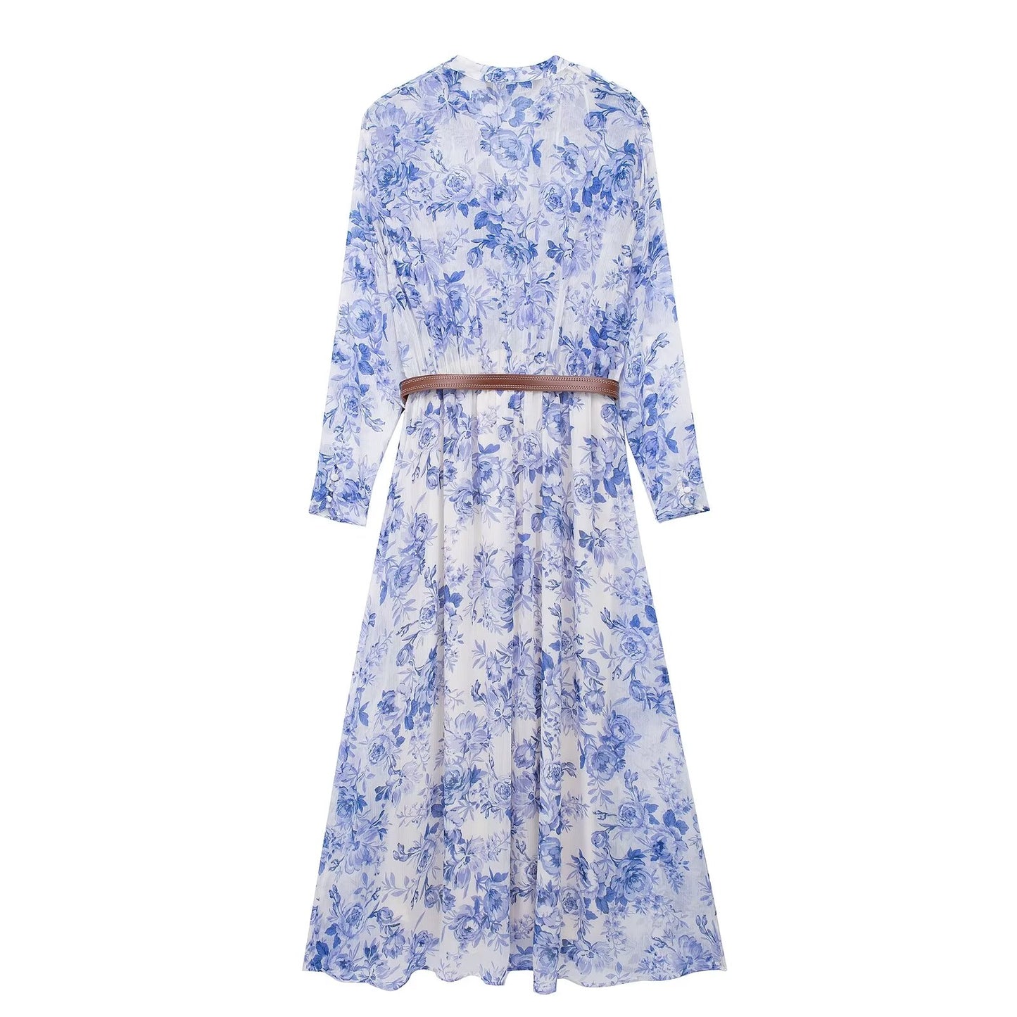 French High Grade Elegant Blue Chiffon Floral Shirt Dress for Women Gentle Super Fairy Holiday Waist Slimming Maxi Dress