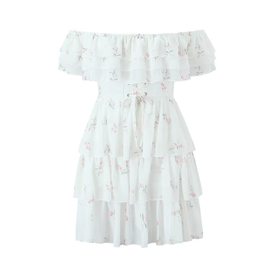 Robe d'été plissée en trois dimensions avec broderie en dentelle sur tout le corps et taille haute