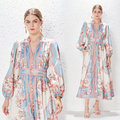 Robe longue à manches longues pour femmes, tenue de vacances élégante, imprimée, simple boutonnage, Style rétro